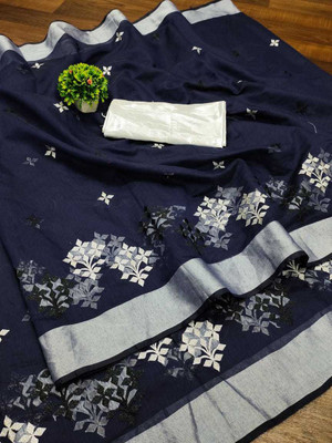 Vleez Embroidered Chettinadu Chanderi Saree(Dark Blue)