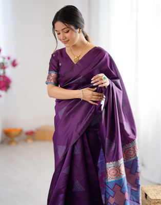 Samah Woven Banarasi Silk Blend Saree(Purple, Gold)