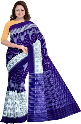 handloom paridhaan Temple Border, Self Design, Hand Painted Sambalpuri Handloom Pure Cotton Saree(Blue)