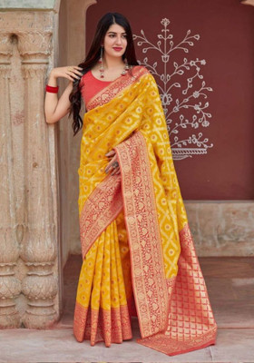 parthfabric Woven Banarasi Art Silk, Jacquard Saree(Gold)