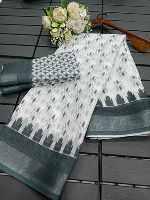 Gajal Printed Bollywood Linen, Cotton Linen Saree(White)