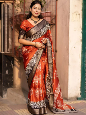 Divastri Printed Daily Wear Silk Blend Saree(Orange)