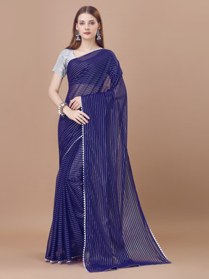 Prutha Fashions Printed, Temple Border, Striped, Solid/Plain Daily Wear Georgette, Chiffon Saree(Dark Blue)