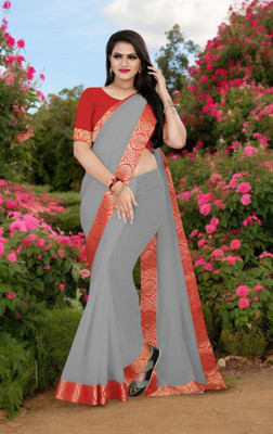 AMBALIKA Solid/Plain Chanderi Cotton Blend Saree(Red, Grey)