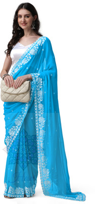 HESVI Embroidered Lucknow Chikankari Georgette Saree(Blue)