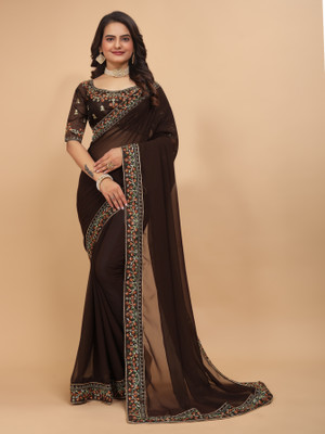 Tejal Creation Self Design Bollywood Georgette Saree(Brown)