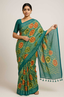 Sureta Digital Print Bollywood Cotton Linen Saree(Dark Green)