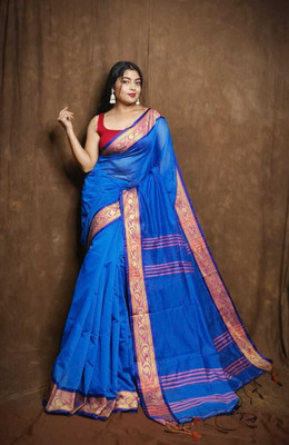Amita Collections Woven Handloom Cotton Silk Saree(Blue)