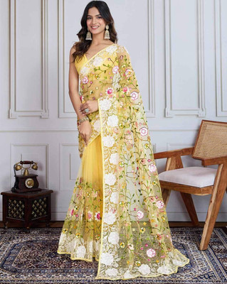 shree maruti fashion Embroidered Bollywood Net Saree(Yellow)