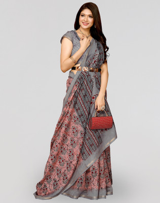 Nirvaan Printed Bollywood Cotton Linen Saree(Pink)