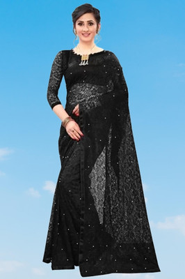 SwiftStyle Solid/Plain Bollywood Net Saree(Black)