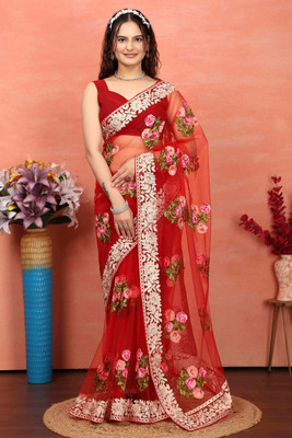 zili Embroidered Bollywood Net Saree(Red)