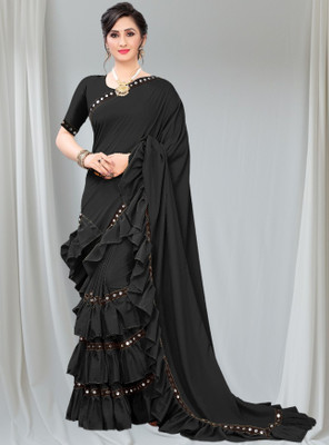 mahibhag Solid/Plain, Embroidered Bollywood Lycra Blend Saree(Black)
