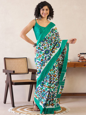 Divastri Printed Ikkat Cotton Blend Saree(White)