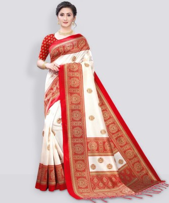 VCREATION Woven Kanjivaram Art Silk Saree(White)