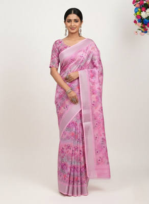 Myraani Floral Print Daily Wear Cotton Linen Saree(Multicolor)