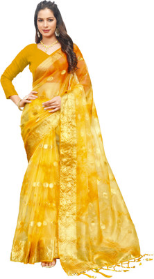 Aarunika IC Self Design, Printed Bollywood Organza Saree(Yellow)