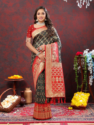 KRIYANSH Woven Paithani Jacquard, Cotton Blend Saree(Black)