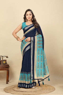 J6 Designers Printed Hand Batik Cotton Silk Saree(Blue)