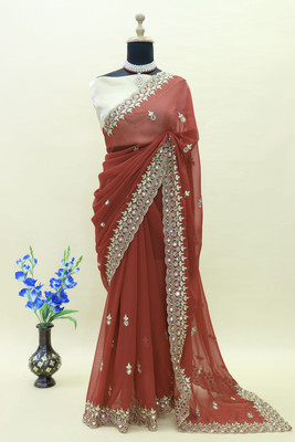 NERTA BOUTIQUE Self Design, Embroidered Bollywood Georgette Saree(Red)
