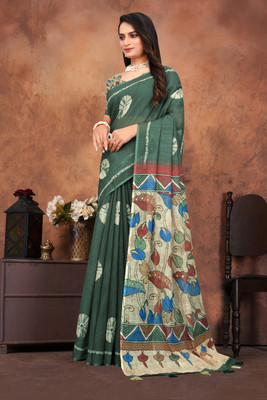 Clothing Hub Printed Bollywood Linen Saree(Dark Green)