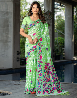 Satrani Woven, Self Design, Embellished Handloom Cotton Blend Saree(Green, White)