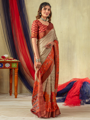 Sareemall Printed Chinnalapattu Silk Blend Saree(Beige)