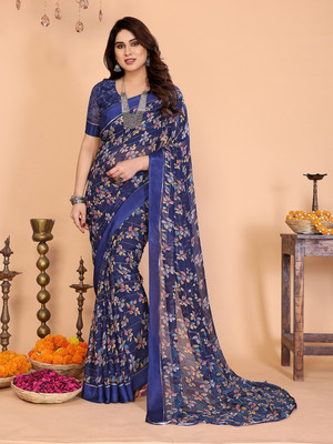 Moda Rapido Embellished, Floral Print Bollywood Georgette, Satin Saree(Blue)