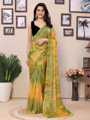Riddhi textile Hub Woven Pre Draped Saree Georgette Saree(Green, Yellow)