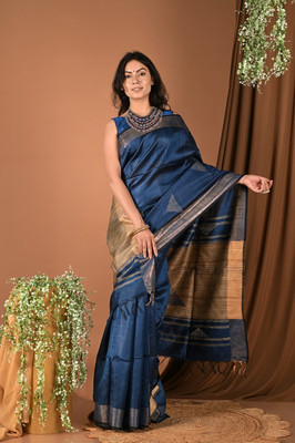 Very Much Indian Solid/Plain Handloom Dupion Silk Saree(Blue)