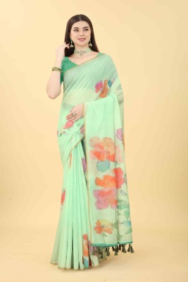 Divastri Printed Bollywood Cotton Blend Saree(Light Green)