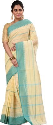 DipDiya Woven Tant Pure Cotton Saree(White, Light Green)