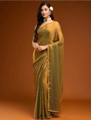 Gajal Solid/Plain Saree with Attached Blouse Chiffon Saree(Yellow)