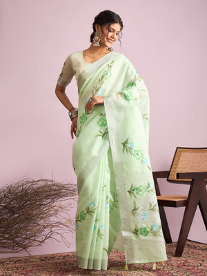 Sareemall Printed Tant Linen Saree(Light Blue)