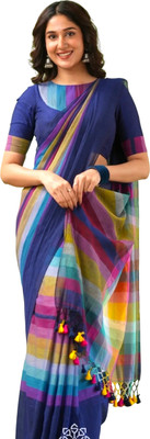 SMRITI HANDLOOM Solid/Plain Daily Wear Pure Cotton Saree(Blue)