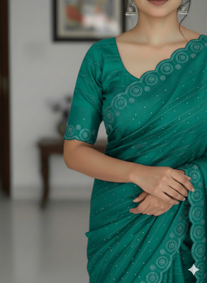 TRENDY CULTURE ENTERPRISES Embellished Bollywood Cotton Blend Saree(Dark Blue)