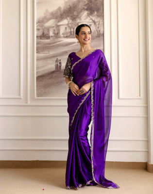 Satrani Solid/Plain, Embroidered Bollywood Silk Blend Saree(Purple)