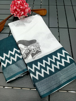 M MAANVIT Floral Print Kanjivaram Pure Cotton, Cotton Linen Saree(White, Black)