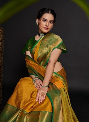 LEOSAGI Woven, Embellished Banarasi Pure Silk Saree(Mustard, Green)