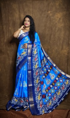 cloud vastra Printed Handloom Tussar Silk Saree(Light Blue)