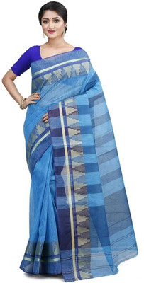 Trishul Woven, Striped, Geometric Print, Self Design Tant Pure Cotton Saree(Light Blue)
