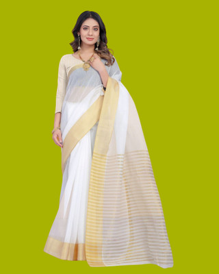 shree laxmi Woven Kasavu Pure Cotton Saree(White)
