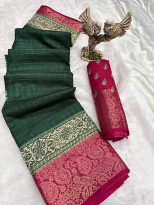Classy Foriever Checkered Bollywood Silk Blend Saree(Green)