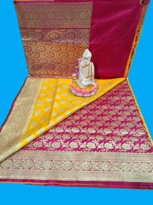 Happy Creation Woven Banarasi Handloom Pure Silk Saree(Yellow, Pink)