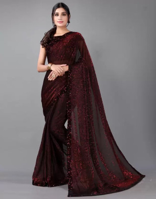 Vragi Embroidered Daily Wear Lycra Blend Saree(Maroon)