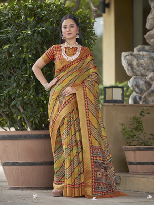 Sariya Digital Print Leheria Chanderi, Cotton Linen Saree(Yellow, Multicolor)