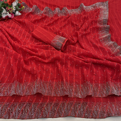 ZOYAL ENTERPRISE Embellished, Striped Bollywood Georgette Saree(Red)