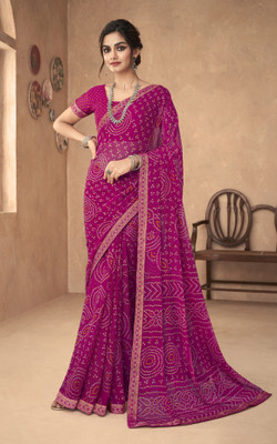 Sudarshana Geometric Print Bandhani Chiffon Saree(Pink)