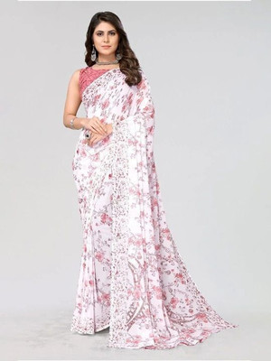 Falessa Printed Bollywood Georgette Saree(White, Pink)
