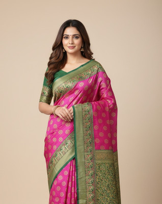Anugrah Textile Embroidered Banarasi Lycra Blend, Chiffon Saree(Pink, Green)
